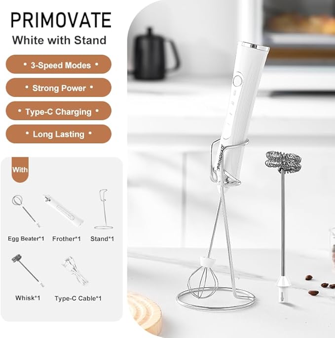 Rechargable Milk Frother, Handheld Drink Mixer with Whisk Attachment, 2025 upgraded powerfull 3 speed motor, Type C charging with charge light, with extra egg mix head (Black without Stand)