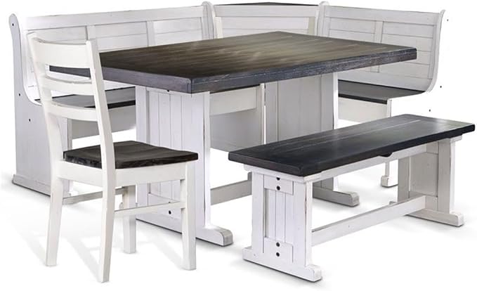 Pemberly Row 4-Piece Farmhouse Wood Breakfast Nook Set with Hidden Storage, Reversible Seating, Great for Small Spaces, in White & Brown Finish by PEMBERLYROW