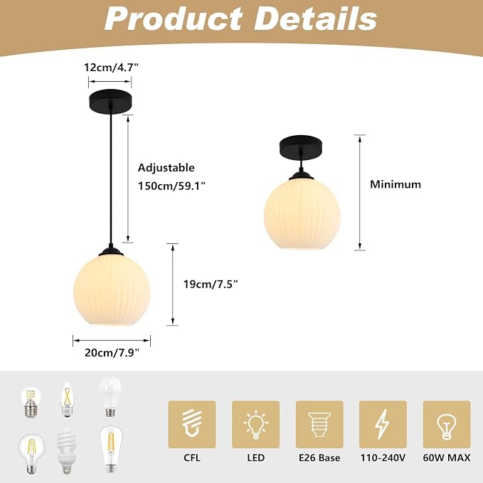 KCO Lighting Mid Century Modern Black 7.9” White Milk Glass Pendant Light | E26 Hardwired Adjustable Cord for Sloped Ceilings Farmhouse Vintage Ribbed Glass Hanging Light for kitchen island Dining Room - Image 2