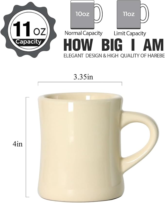 harebe Retro Coffee Cup Set of 4, 10 OZ Heavy Classic Ceramic Diner Mugs Set with Handle for Coffee, Tea, Cocoa, Milk, Latte（Cream） - Image 2