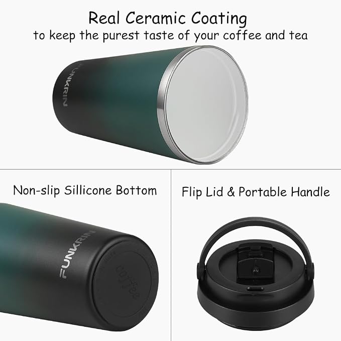 Funkrin Insulated Coffee Mug with Ceramic Coating, 16oz Iced Coffee Tumbler Cup with Flip Lid and Handle, Double Wall Vacuum Leak-Proof Travel Mug for Office School Party Camping - Image 2
