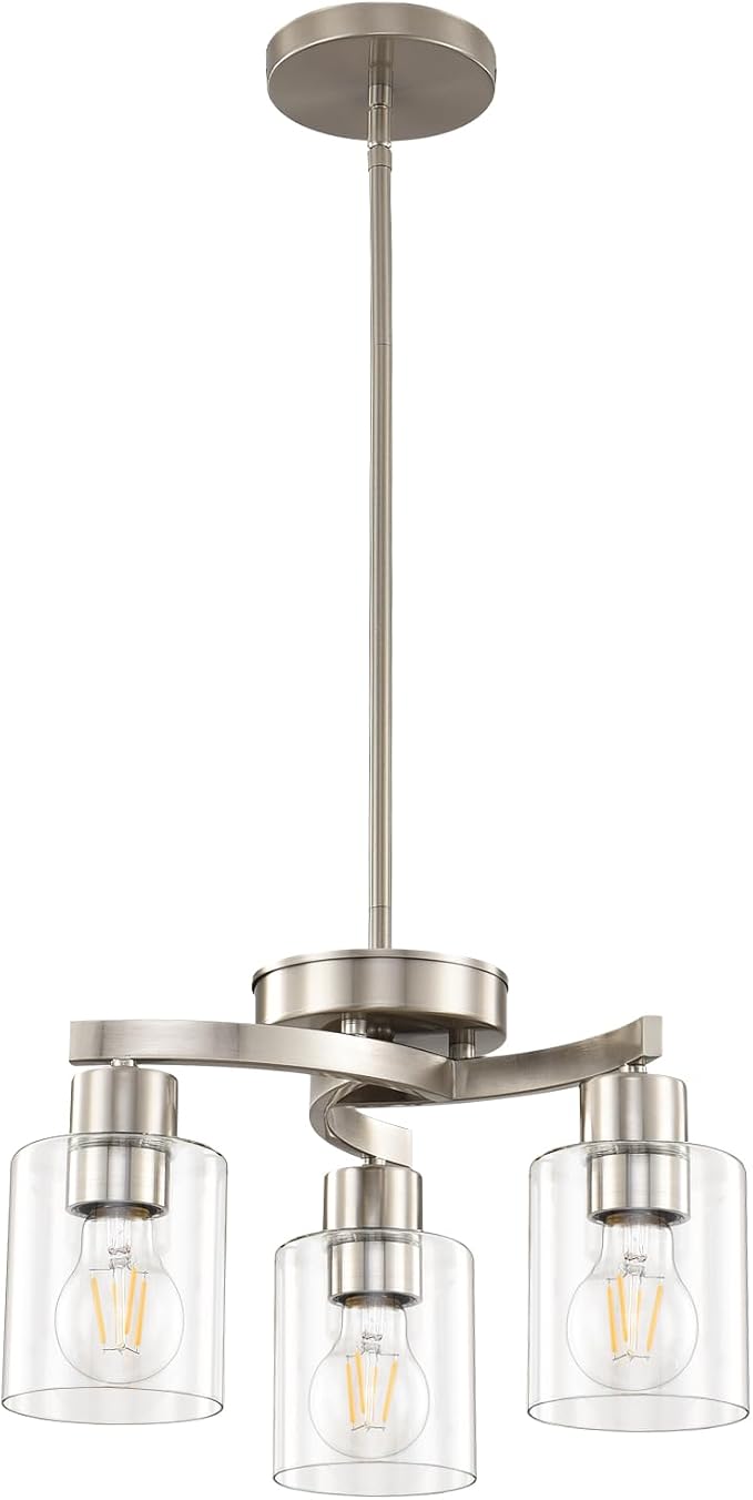Modern Dining Room Chandelier, 3-Light Brushed Nickel Pendant Light | Industrial Pendant Light, Clear Glass Shade, Adjustable Height, E26, Dimmable by KLSSLighting