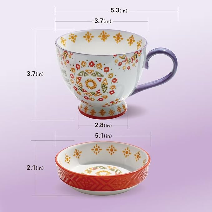 Large Ceramic Coffee Mugs Set of 2,15 oz Stoneware Coffee Cups with 2 Saucers,Underglaze Hand-Painted Cup For Coffee/Cereal/Beer,Festivals and Housewarming Gifts For Family And Friends - Image 5