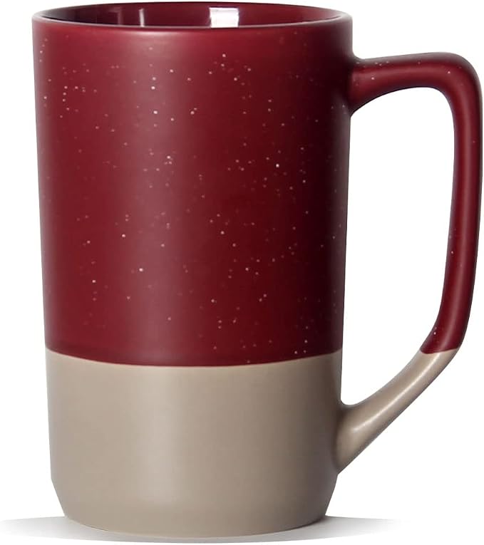 16 OZ Large Coffee Mug, Two Color Combination Big Ceramic Tea Cup with Square Handle with White Speckled for Men Women Restaurant Home Office Hot Drinks, Red by SHOWFULL