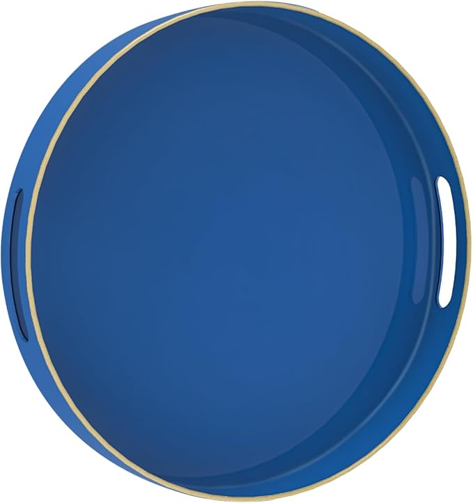 MAONAME 13" Blue Decorative Tray, Plastic Round Serving Tray with Handles | Decorative Tray for Coffee Table, Modern Ottoman Tray, Circle Tea Tray, Round Melamine Tray for Living Room, Bathroom by MAONAME