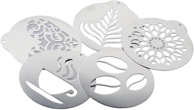 5Pcs Stainless Steel Coffee Decorating Stencils Metal Foam Latte Art Templates, Reusable Barista Cappuccino Chocolate Templates Coffee Garland Mould Cake Decorating Tool