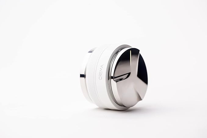 CREMA Coffee Products 59mm Hand Tamper & Coffee Distributor | Compatible with Breville Portafilters | Double-Sided, Adjustable Depth Tool | Made with Durable 304 Stainless Steel | White