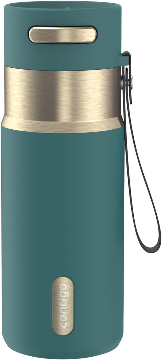 Contigo AutoSeal 16 oz Stainless Steel Vacuum-Insulated Water Bottle with Leakproof Push-Button Spout & Lock, Carry Strap, BPA-Free & Lead-Free, Dishwasher Safe by Unknown