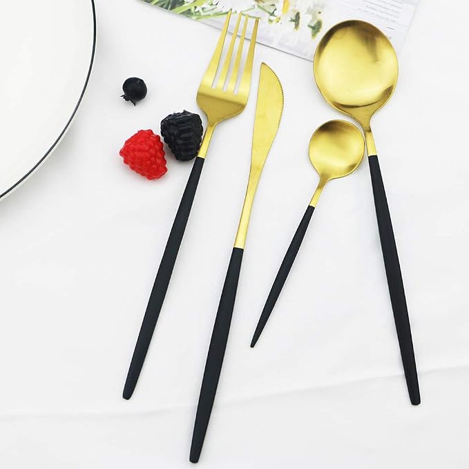 JASHII Silverware Set, 24-Piece Stainless Steel Flatware Set,Kitchen Utensil Set Service for 6,Tableware Cutlery Set for Home, Dishwasher Safe (Matte Black handle gold) - Image 2