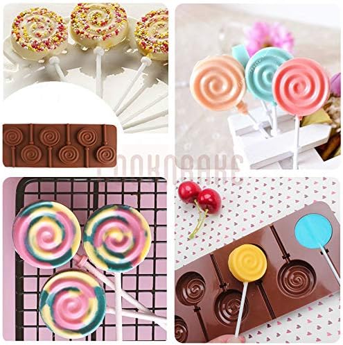 Round Silicone Mold for Lollipop Hard Candy Chocolate Cake Decorating With 24pcs Reusable Sticks Swirl Shape Set of 4