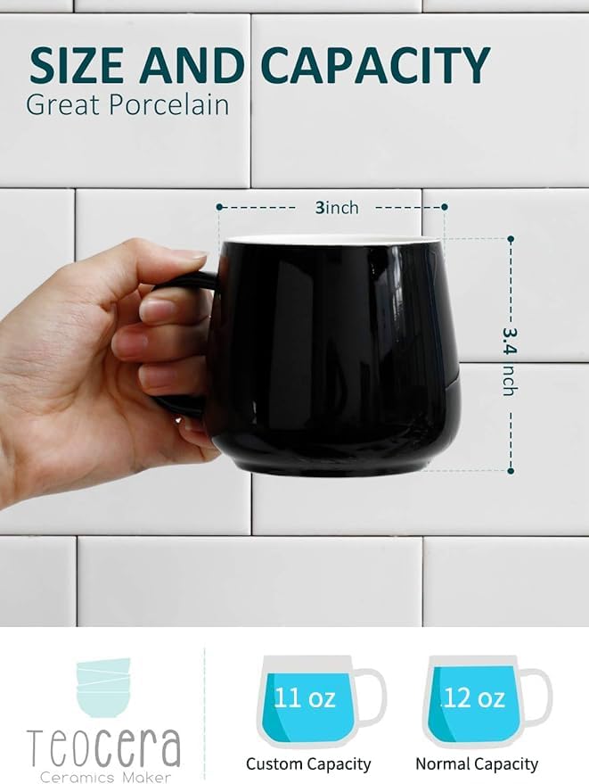 Teocera Ceramic Coffee Mug Set of 4-12 oz Coffee Mugs with Large Handles for Hot or Cold Drinks Like Latte, Cocoa, Tea or Juice - Smooth Ceramic, Dishwasher Safe，Black - Image 2