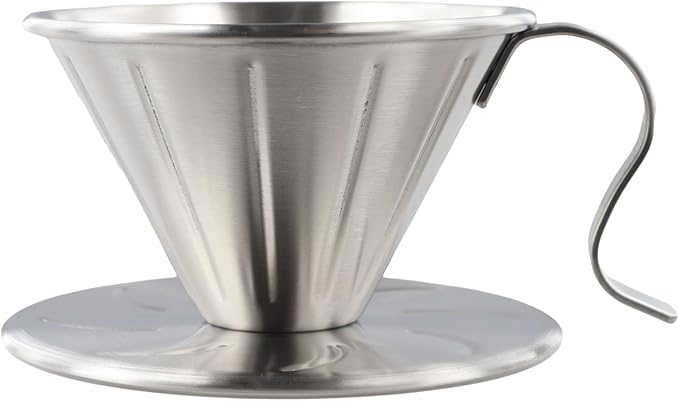 304 Stainless Steel Coffee Dripper with Holder, Reusable Pour Over Filter Cup for Mugs and Jugs, Ergonomic Handle, Food-Grade Safe, Dishwasher Friendly, Silver