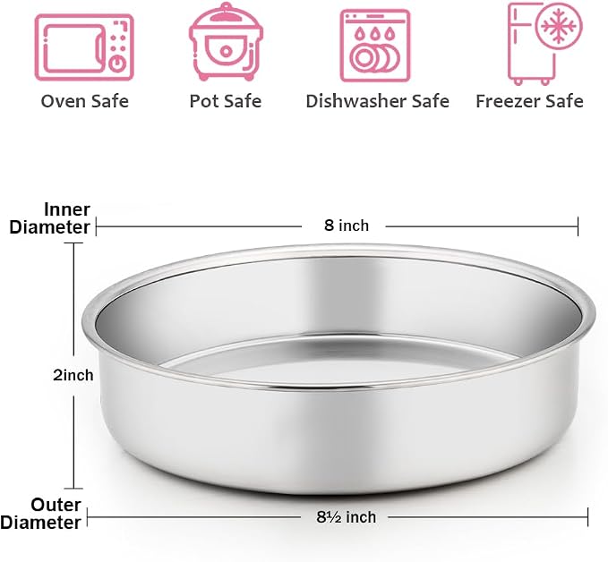 E-far 8 Inch Cake Pan Set of 3, Stainless Steel Round Layer Cake Baking Pans, Non-Toxic & Healthy, Mirror Finish & Dishwasher Safe - Image 2