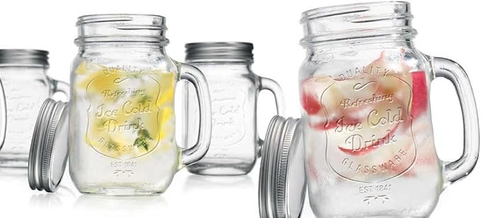 Glaver's Mason Drinking Jars – Set of 4, 15.25 Oz Clear Glass Jar with Handle and Lid. – Ice-Cold Drink Glassware Logo – Glass Mugs Ideal for Cold Beverages, Juice, Smoothie, Cocktails. - Image 6