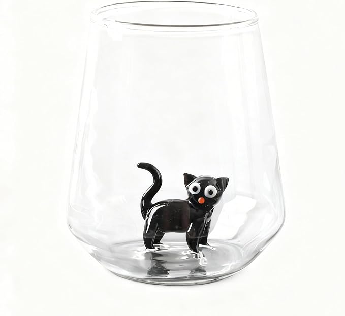 Cat Figurine Glass Cup 3D Animal Artisan Glassware Collection Handmade Cute Wine Cup Meow Garden Crystal Cat Tumbler Gothic Decorations Stemless Wineglass by Unknown