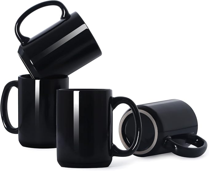 16 OZ Coffee Mugs, Classic Blank Ceramic Cup with Large Handle for Tea Latte Cappuccino, Set of 4, Black by Smilatte