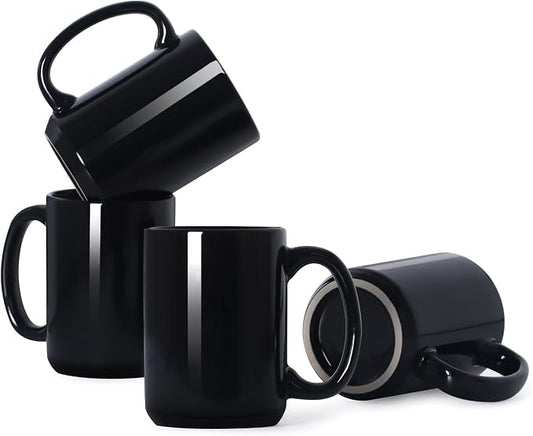 16 OZ Coffee Mugs, Classic Blank Ceramic Cup with Large Handle for Tea Latte Cappuccino, Set of 4, Black by Smilatte