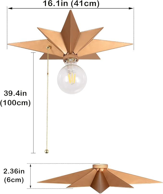 Flush Mount Ceiling Light Fixture with Pull Chain, Brass Star Ceiling Light, Industrial Light Fixtures Ceiling Mount for Hallway, Entryway, Study, Bedroom, Stair, Foyer, Kitchen, Bathroom - Metal - Image 6