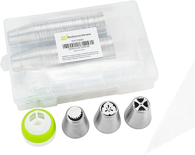Restaurantware Pastry Tek Russian Piping Tips Set 68 Piece Durable Cake Decorating Kit - 57 Piping Tips 10 Piping Bags Stainless Steel Piping Bags And Tips Set 1 Tri-Color Coupler