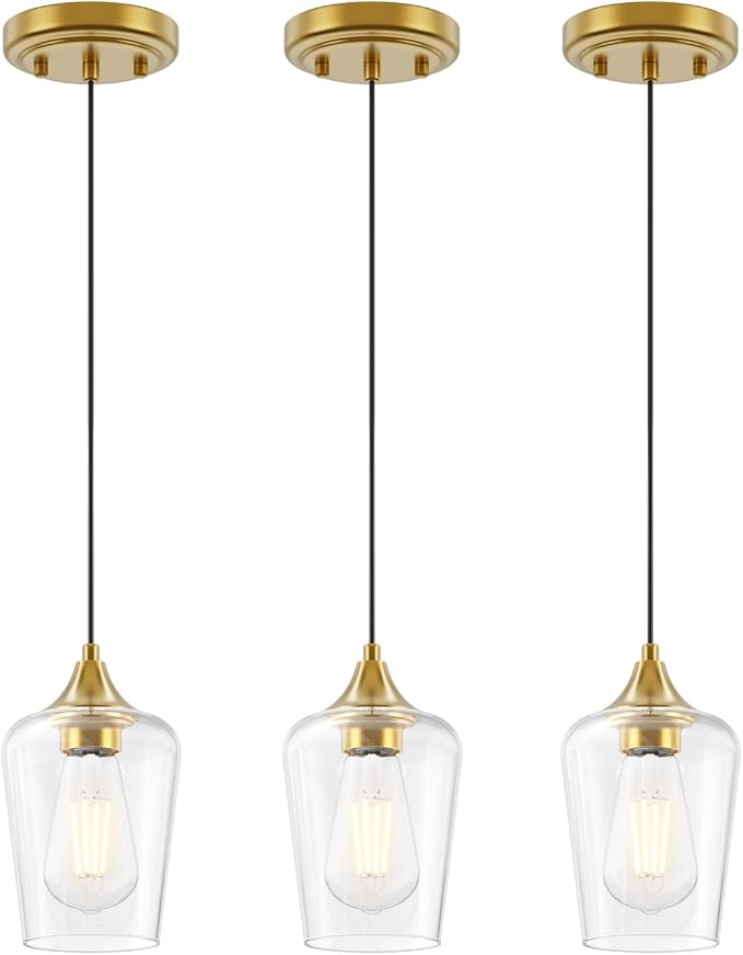 Ralbay Farmhouse Brushed Gold Pendant Light 3-Pack, Pendant Light Fixtures with Wine Clear Glass Shade, Kitchen Island Lighting for Dining Room, Rustic Adjustable Hanging Lighting Fixture by RalbayLighting