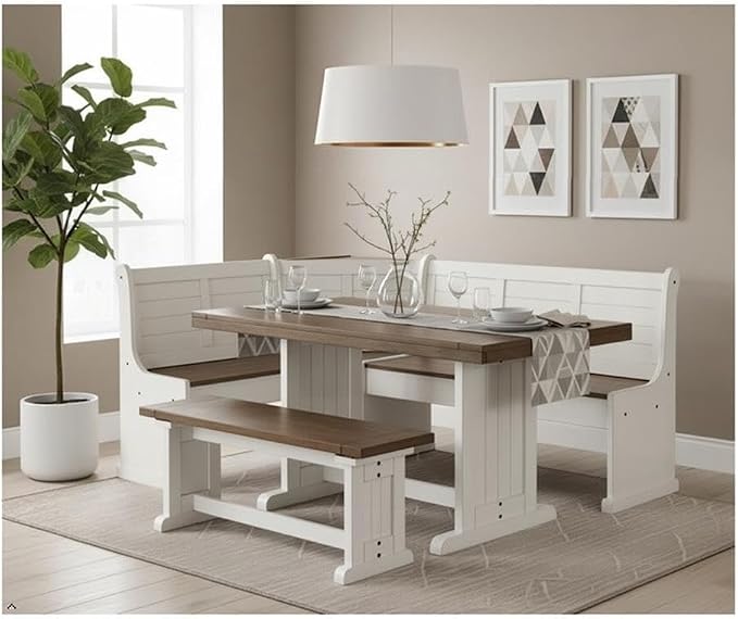 Pemberly Row Dining Set Wood, Rectangular in Off White (36" H x 75" W x 56" D) for Kitchen, Dining Room with Table, Reversable Benches, and Storage Space - Image 9