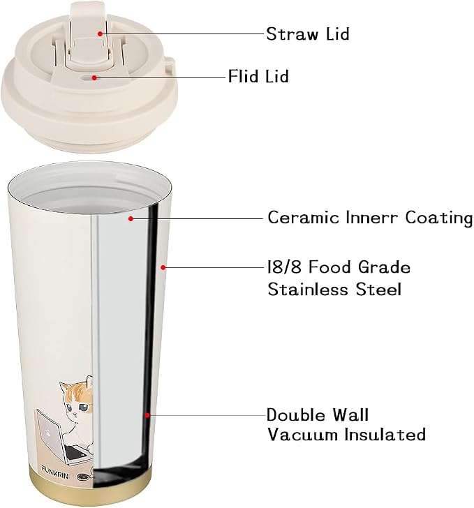 Funkrin Coffee Travel Mug with Flip Lid, 16oz Insulated Tumbler Cup with Ceramic Coating, Double Wall Vacuum Leak-Proof Tumbler for Office School Party Camping - Image 6