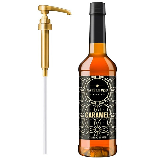 "NEW" Café Le Rou Caramel Classic Syrup - 25.4 oz, 1 Pack with 1 Gold Pump Dispensers 25.4 Fl Oz (Pack of 1)