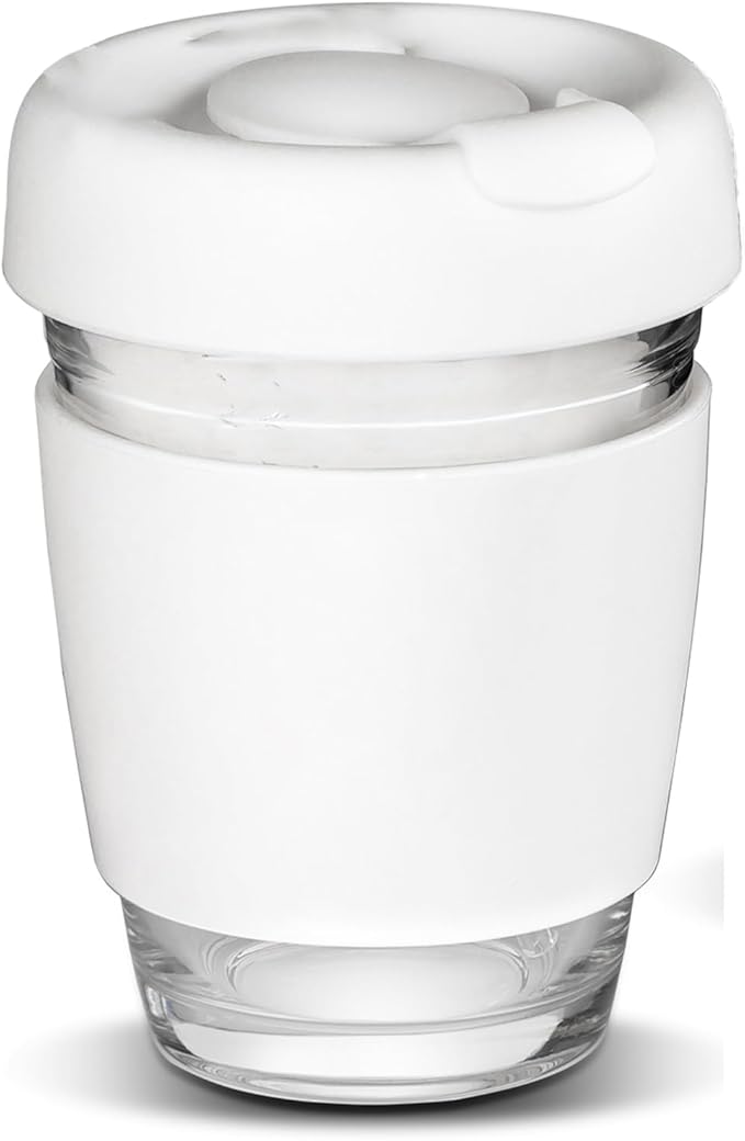 On The Go Coffee Mug Glass – 12oz Reusable Tumbler with Leak-Proof Lid & Silicone Sleeve, Ideal Travel Cup for Hot or Iced Coffee, BPA-Free