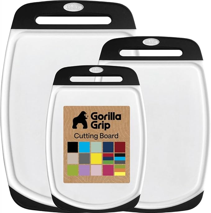 GORILLA GRIP BPA-Free Reversible Kitchen Cutting Board Set of 3, US Designed, Nonporous, Juice Grooves Catch Liquid, Slip Resistant Border, Dishwasher Safe, Durable Large Food Chopping Boards, Black by Unknown