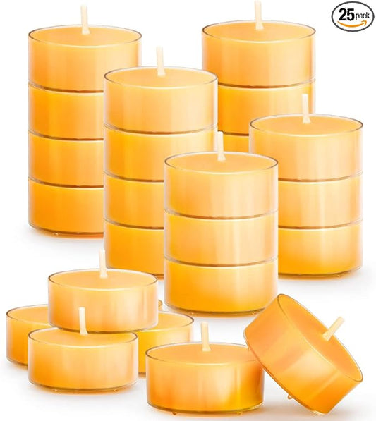 25PCS Pure Beeswax Tealight Candles, Natural Scent, Clear Cup