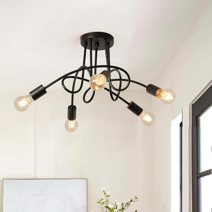 Modern Farmhouse Chandelier,25 Inch 5 Light Sputnik Semi Flush Mount Ceiling Light, Metal Black Rustic Light Fixture for Dining Room Bedroom Kitchen Hallway Entryway by ThreebroBrand