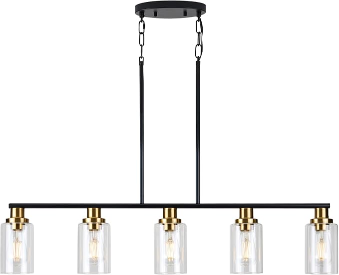 Dining Room Light Fixture,5-Light Farmhouse Linear Chandeliers for Dining Room Over Table，Matte Black and Gold Finish Kitchen Island Pendant Lighting for Kitchen Island，Pool Table Light by KPIOK
