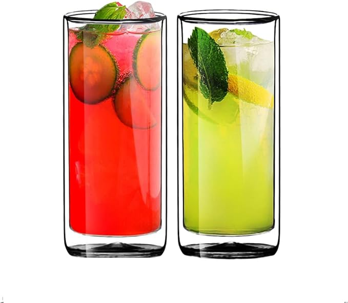 Sun's Tea Double Wall Insulated Glass Tumbler, 16oz (450ml) Highball Glass Cups for Beer, Lemonade, Iced Tea, Tropical Drink, Cocktail, Smoothie, Mojito and Mixed Drinks, Set of 2 - Collins Style by SunsTea
