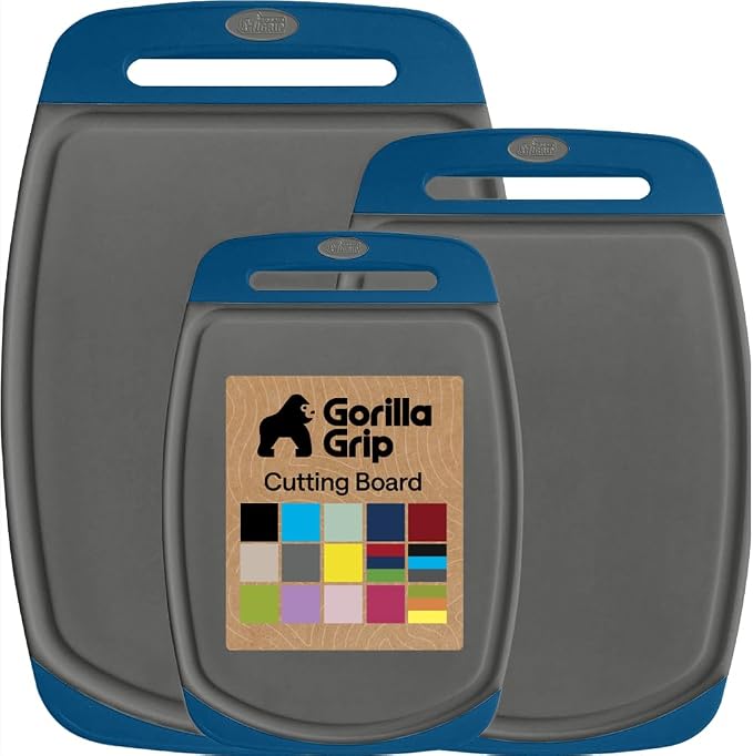 GORILLA GRIP BPA-Free Reversible Kitchen Cutting Board Set of 3, US Designed, Nonporous, Juice Grooves Catch Liquid, Slip Resistant Border, Dishwasher Safe, Durable Food Chopping Boards, Gray Blue by Unknown