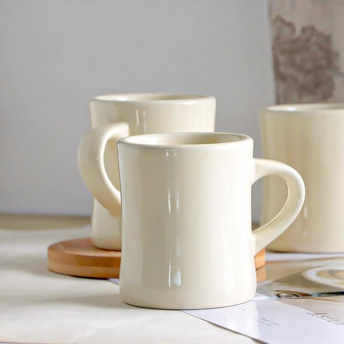 harebe Retro Coffee Cup Set of 4, 10 OZ Heavy Classic Ceramic Diner Mugs Set with Handle for Coffee, Tea, Cocoa, Milk, Latte（Cream） - Image 4