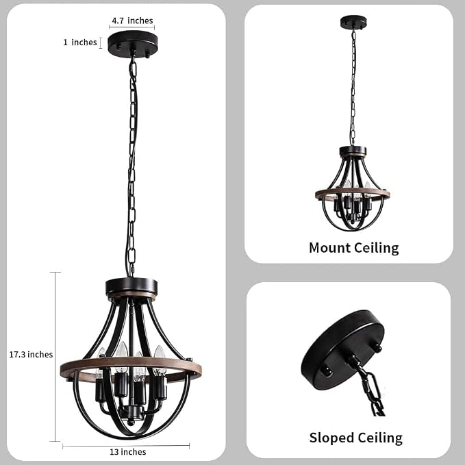 Chandeliers，Farmhouse Ceiling Chandelier Wood Black Modern Rustic Hanging Pendant Light Fixture with Chain for Dining Room Living Room Entryway Kitchen Island Bedroom Foyer Lighting（4-Light） - Image 4