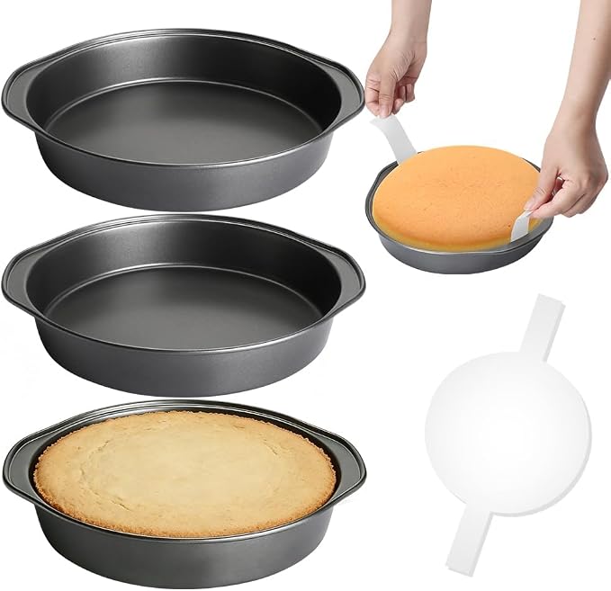 8 Inch Cake Pan, 3PCS Carbon Steel Round Cake Pans with 100 PCS Parchment Paper, Nonstick Cake Tins Flan Mold with Handle, Non-toxic & Healthy, Dishwasher Safe by Quyimy