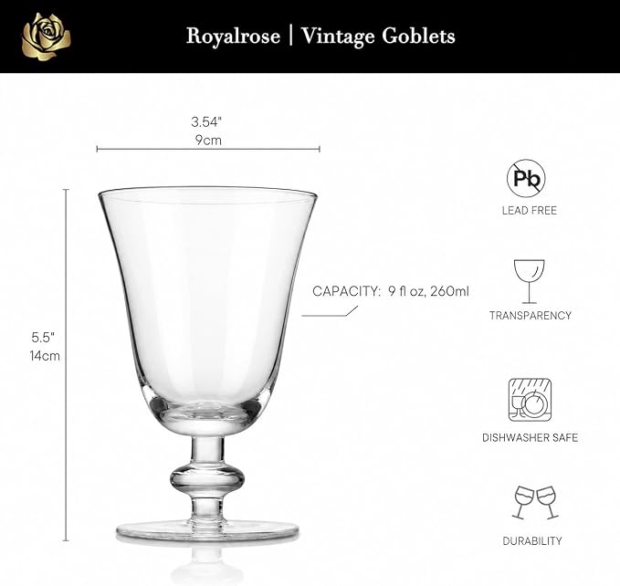 Royalrose Delight 9 oz Red Wine Glasses Set of 4 (Vintage Goblets Glasses) | Premium Vintage Water Goblets for Wine, Cocktails, Sparkling Water, Elegant Drinkware for Entertaining or Daily Use - Image 5