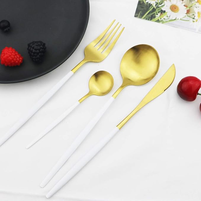 JASHII Silverware Set, 24-Piece Stainless Steel Flatware Set,Kitchen Utensil Set Service for 6,Tableware Cutlery Set for Home, Dishwasher Safe (Matte White handle gold) - Image 2