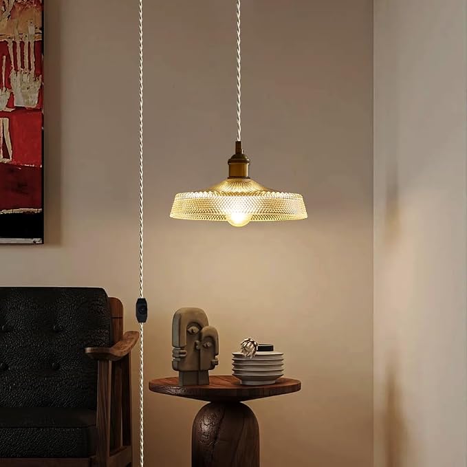 Sedelan Plug in Pendant Light, Vintage Pendant Lights Kitchen Island, Glass Hanging Light, Hanging Lamp with Plug in Cord for Entryway Bedroom Dining Room Kitchen, Adjustable, E26 - Image 2