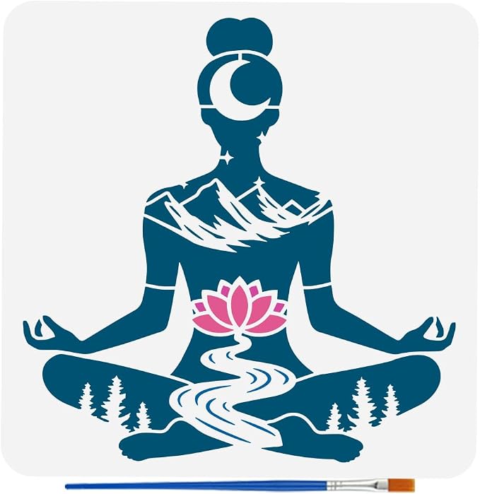 FINGERINSPIRE Yoga Stencil with Paint Brush 11.8x11.8inch Reusable Yoga Pose Stencil Mountains Lotus Flowers Woods Pattern Template Yoga with Natural Scenery Template for Painting on Wood Wall by FINGERINSPIRE