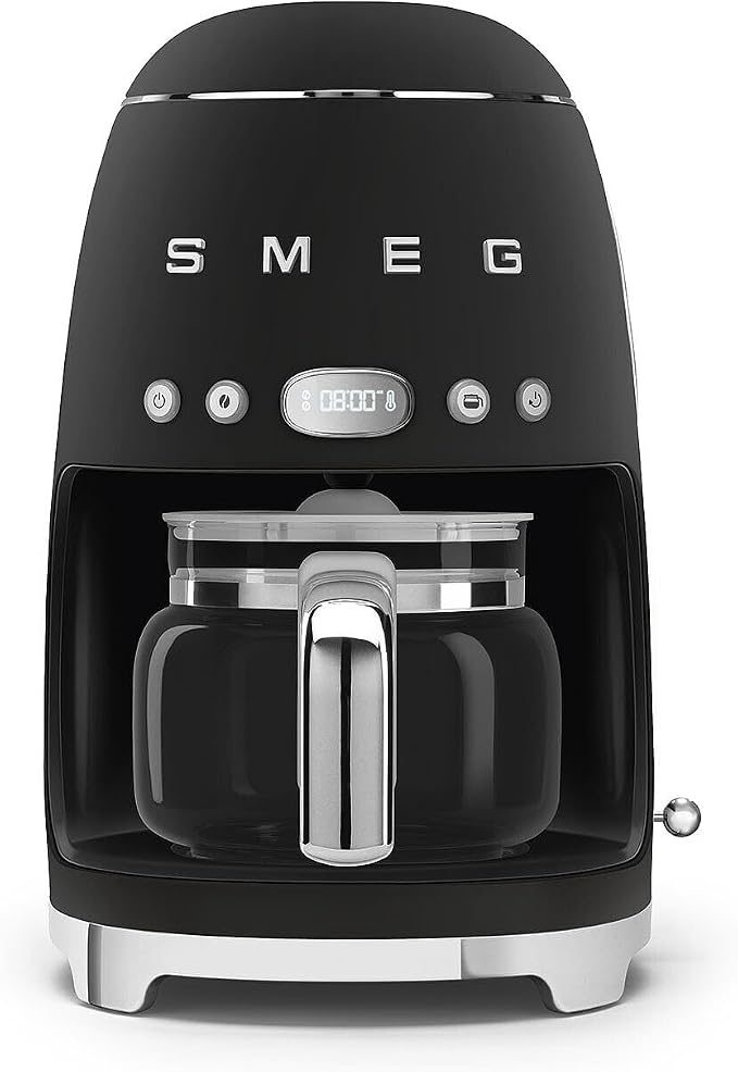 Smeg 50's Retro Style Aesthetic Drip Coffee Machine with 10 Cup Glass Carafe, Auto Start Feature, Keep Warm Plate, and Two Coffee Strength Settings (Matte Black) by Unknown