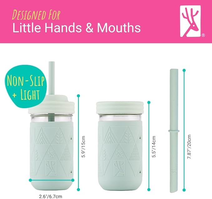 Elk and Friends Kids + Toddler Glass Cups | The Original 12oz Glass Mason Jar with Sleeves + Lids | Silicone Straws + Stopper | Smoothie Cup | Food Storage | Spill Resistant | Dishwasher Safe | 4 Pack