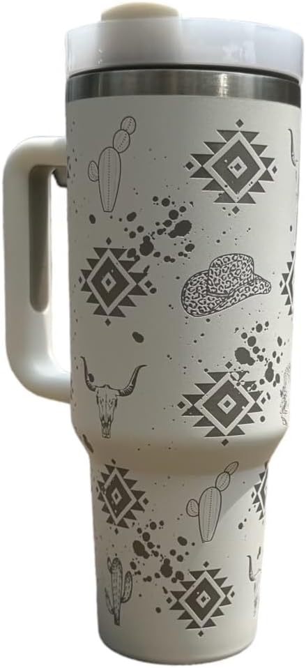 Western Engraved 40oz Tumbler, Tumbler with handle, Cowgirl Tumbler, Country Mug with Handle (White)