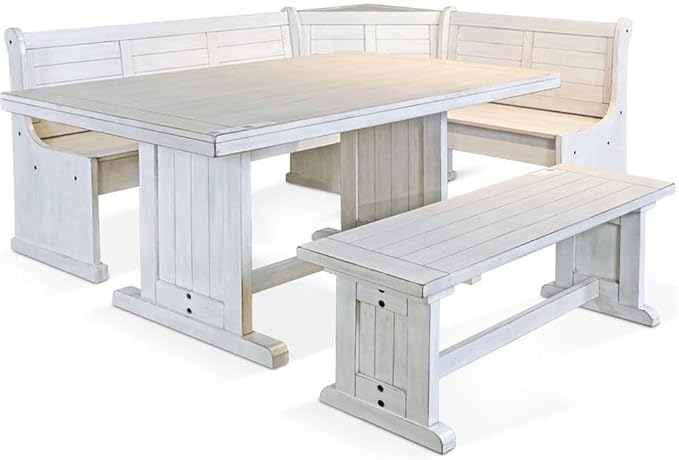 Pemberly Row 75" x 56" Farmhouse Wood Breakfast Nook Set with Table, Storage, Reversable Benche, L-Shaped Corner Bench, for Dining Room, in Marble White Finish - Image 6
