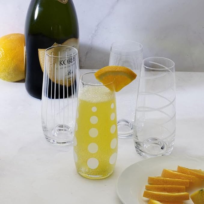 Mikasa Cheers Stemless Flutes, 7.5 Oz - Clear, Set of 4 | Lead-Free Crystal Drinkware with Dot, Line & Swirl Designs for Champagne, Prosecco, Cocktails & Mimosas, Dishwasher Safe - Image 4