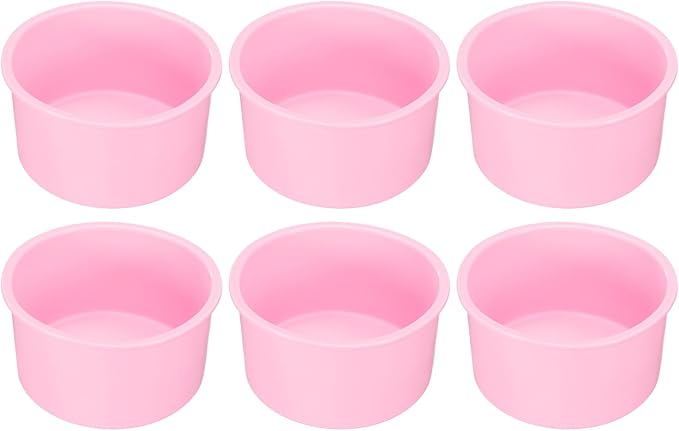HARFINGTON 6 Pcs Round Cake Pans 4" Nonstick Quick Release Silicone Cake Mould Bakeware Tools for Baking Cupcakes Bread Pizza, Pink