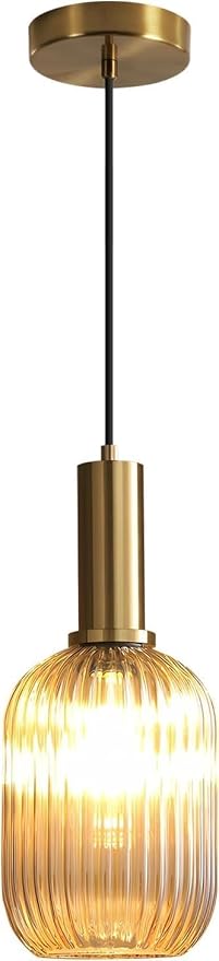 KCO Modern Brushed Gold Mini 5.1” Cylinder Amber Ribbed Glass Pendant Light | E26 Bulb Hardwired, Adjustable Cord Mid Century Vintage Brass Hanging Ceiling Lamp for Sloped Ceiling Kitchen Dining Room Bar by KCOLighting