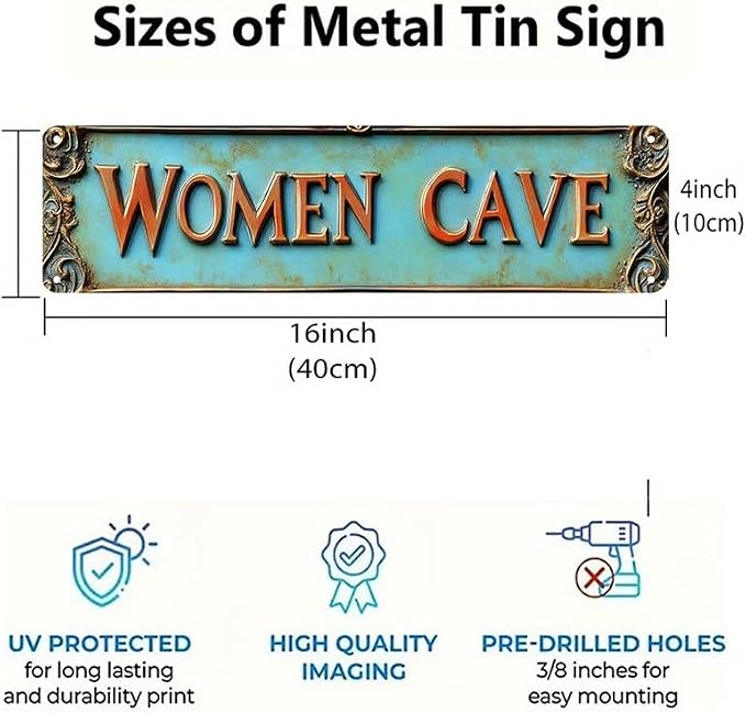 Kexle Vintage Metal Wall Decor Sign "WOMEN CAVE" 4 x 16 inches Bar Signs, Tin Material, Funny Man Cave Decor Accessories for Home, Bar, Bathroom, Bedroom, Retro Style - Image 4