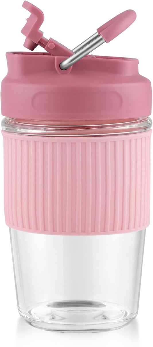 Sivaphe Reusable Glass Ice Hot Coffee Cup 16 oz, Portable Travel Mug with Spill-Proof Lid and Thermal Sleeve for Home Office Pink